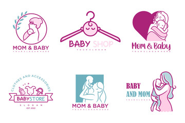 happy baby and mother icon set logo design.badges for children store & baby care center.illustration