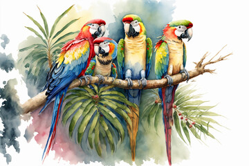 Parrots on a Branch, Watercolor, Painting, Generative AI