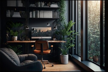 Remote Work Trend: Botanical Theme Home Office Spaces. Generative Ai Technology.