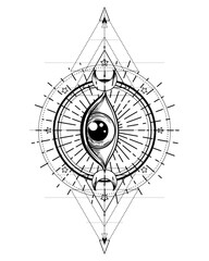 Obraz premium Blackwork tattoo flash. Eye of Providence. Masonic symbol. All seeing eye inside triangle pyramid. New World Order. Sacred geometry, religion, spirituality, occultism. Isolated vector illustration.