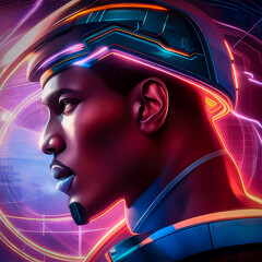 Generative AI -  Neon Nights in Space: A Futuristic Synthwave Illustration of a Male Space Traveller