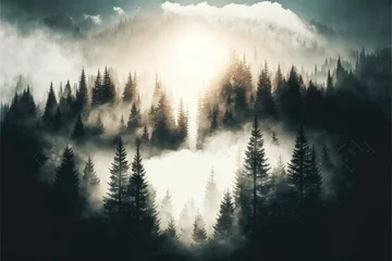 Peel and stick wallpaper Forest in fog sun light through fog and clouds above the forest Generative AI