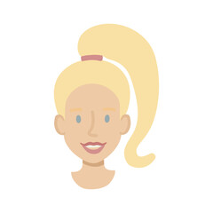 Girl face flat. Friendly young woman with long blonde hair in ponytail. Hand drawn vector illustration.