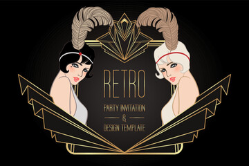 Flapper girl. Art deco 1920s style vintage invitation template design for drink list, bar menu, glamour event, thematic wedding, jazz party flyer. Vector art.