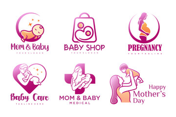 happy baby and mother icon set logo design.badges for children store & baby care center.illustration