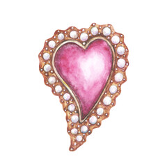 Heart vintage brooch decoration .Painted in watercolor on a white background. Love element for design.