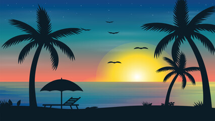 Fototapeta na wymiar beach with trees.Sunset palm Trees summer background