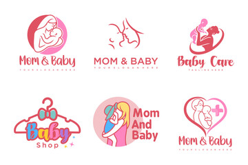 happy baby and mother icon set logo design.badges for children store & baby care center.illustration