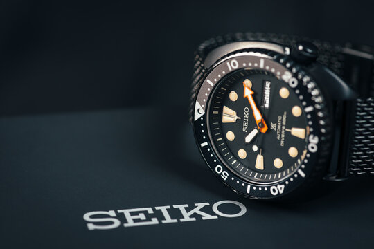 Seiko Prospex SKX - SRPC49K1 model . Called "Black Ninja Turtle". Limited Edition exclusive diver watch.. Copy space. On original watch box. BERLIN, GERMANY on OCTOBER 23, 2018.