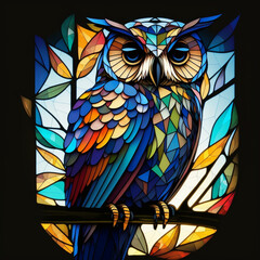owl sitting on a branch stained glass window