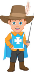 cartoon boy in musketeer costume and holding sword