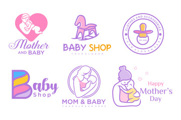 happy baby and mother icon set logo design.badges for children store & baby care center.illustration