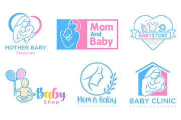 happy baby and mother icon set logo design.badges for children store & baby care center.illustration