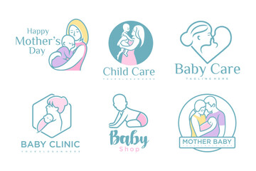 happy baby and mother icon set logo design.badges for children store & baby care center.illustration