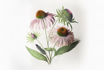 Botanical drawing of an echinacea flower on white paper. the most effective therapeutic herbs, and what they do. Generative AI