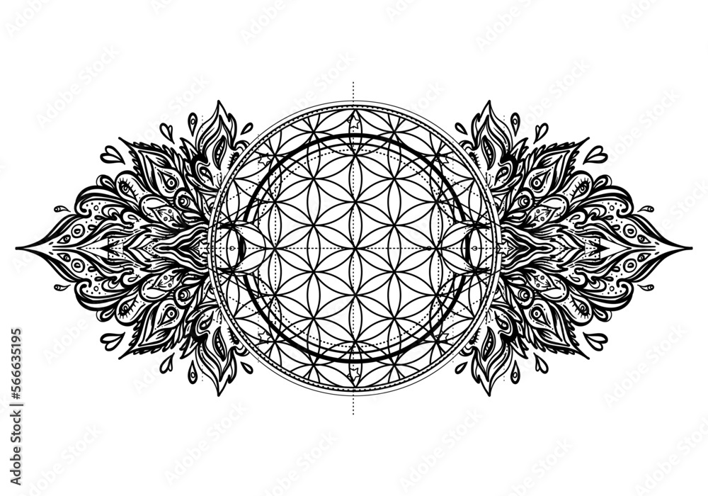 Wall mural flower of life, sacred geometry. ayurveda symbol of harmony and balance, universe. tattoo flesh desi