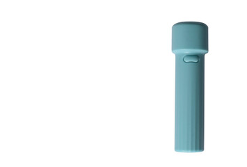 A small hand-held flashlight of blue color isolated on a white background.