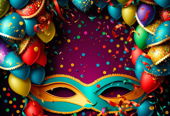 Karneval mit Maske, Luftschlangen und Konfetti, generative AI