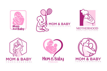 happy baby and mother icon set logo design.badges for children store & baby care center.illustration