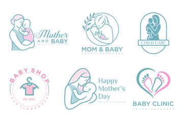 happy baby and mother icon set logo design.badges for children store & baby care center.illustration