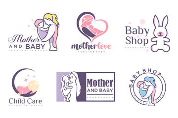 Fototapeta na wymiar happy baby and mother icon set logo design.badges for children store & baby care center.illustration
