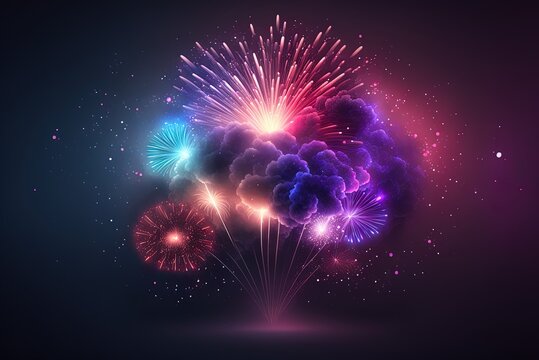 Illustration of fireworks animation over a realistic backdrop including festive symbols Generative AI