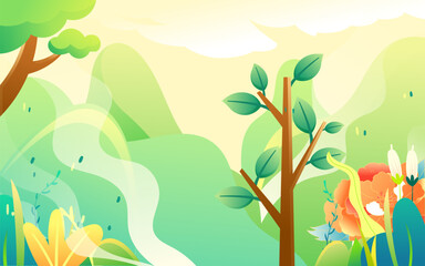 Arbor day people are planting trees with flowers and trees in the background, vector illustration