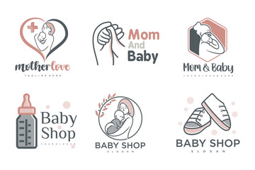 happy baby and mother icon set logo design.badges for children store & baby care center.illustration