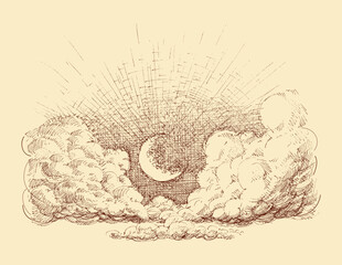Clouds and crescent moon in the night sky hand drawing