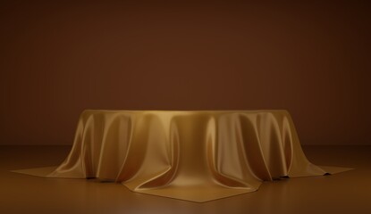 Natural 3d Podium for product display. Round podium covered with golden cloth composition for modern stage display ,abstract showcase background ,3d render