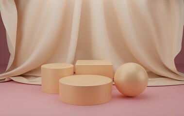 Natural 3d Podium for product display. podium empty with geometric shapes and curtain in Peach pastel composition for modern stage display ,abstract showcase background ,3d render