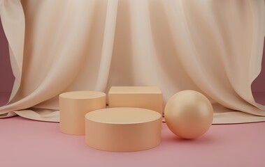 Natural 3d Podium for product display. podium empty with geometric shapes and curtain in Peach pastel composition for modern stage display ,abstract showcase background ,3d render