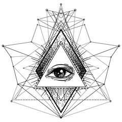 Blackwork tattoo flash. Eye of Providence. Masonic symbol. All seeing eye inside triangle pyramid. New World Order. Sacred geometry, religion, spirituality, occultism. Isolated vector illustration.