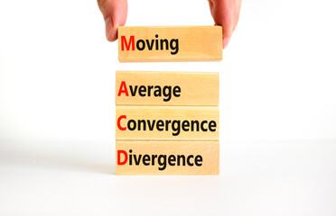 MACD symbol. Concept words MACD moving average convergence divergence on wooden block on beautiful white background. Business MACD moving average convergence divergence concept. Copy space.