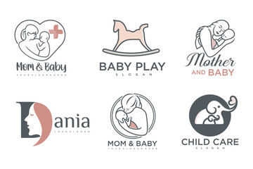happy baby and mother icon set logo design.badges for children store & baby care center.illustration