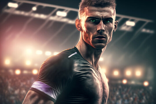 Soccer player during an evening match. Footballer on the field under the lights of the stadium made with Generative AI.