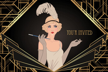 Flapper girl. Art deco 1920s style vintage invitation template design for drink list, bar menu, glamour event, thematic wedding, jazz party flyer. Vector art.