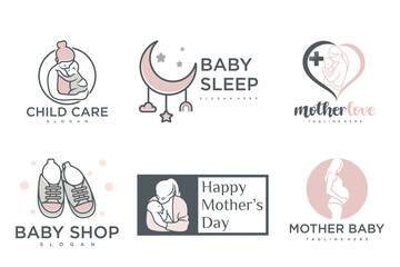 happy baby and mother icon set logo design.badges for children store & baby care center.illustration