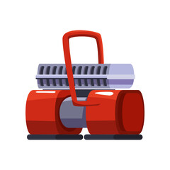 Red air compressor illustration. Vector illustration of pneumatic equipment for construction works. Cartoon machine with pump, tank of gas under pressure, rotary engine isolated on white. Duct system