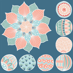 Hand Drawn Colourful Mandalas and ornamental circles, Vector decorative Illustrations for clothing, home decor, cards and templates, scrap booking, post cards, frames.