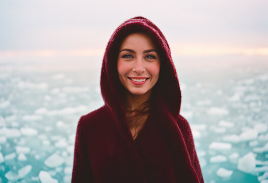 AI generated image of cheerful woman in warm coat looking at camera