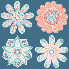 Hand Drawn Colourful Mandalas, Vector decorative Illustrations for clothing, home decor, cards and templates, scrap booking, post cards, frames.