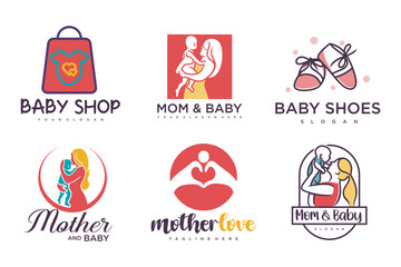 happy baby and mother icon set logo design.badges for children store & baby care center.illustration