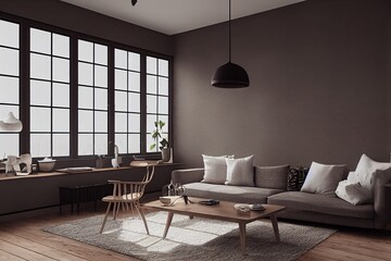 mock up poster frame in boho interior background, wooden living room design, Scandinavian style. Generative AI illustration