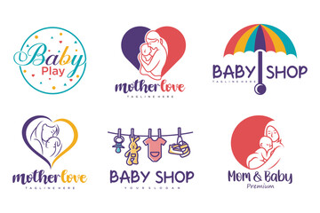 happy baby and mother icon set logo design.badges for children store & baby care center.illustration