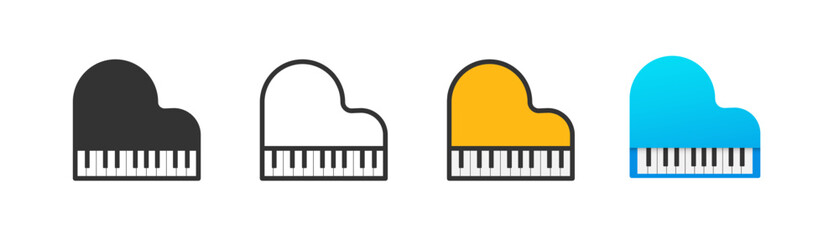 Pinao icon on light background. Black and white keyboard symbol, view above. Grand piano sign. Outline, flat, and colored style. Flat design. Vector illustration. © Design Ful