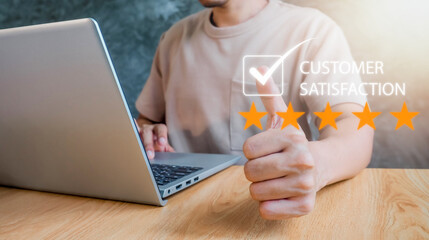 Customer review satisfaction feedback survey concept.By giving the most satisfaction rating and 5...