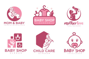 Fototapeta premium happy baby and mother icon set logo design.badges for children store & baby care center.illustration