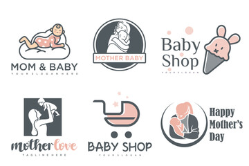 happy baby and mother icon set logo design.badges for children store & baby care center.illustration