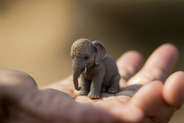 Elefante africano baby nel palmo di una mano, generative ai